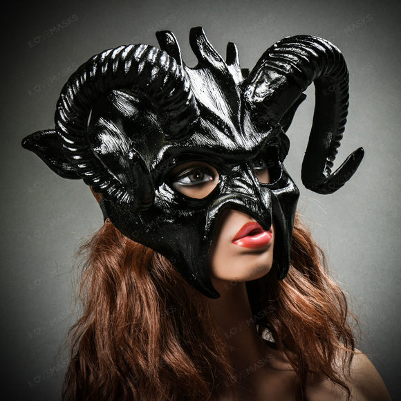 Demon Devil Satan with Black Horns Masquerade Mask - Black - Picture 8 of 8